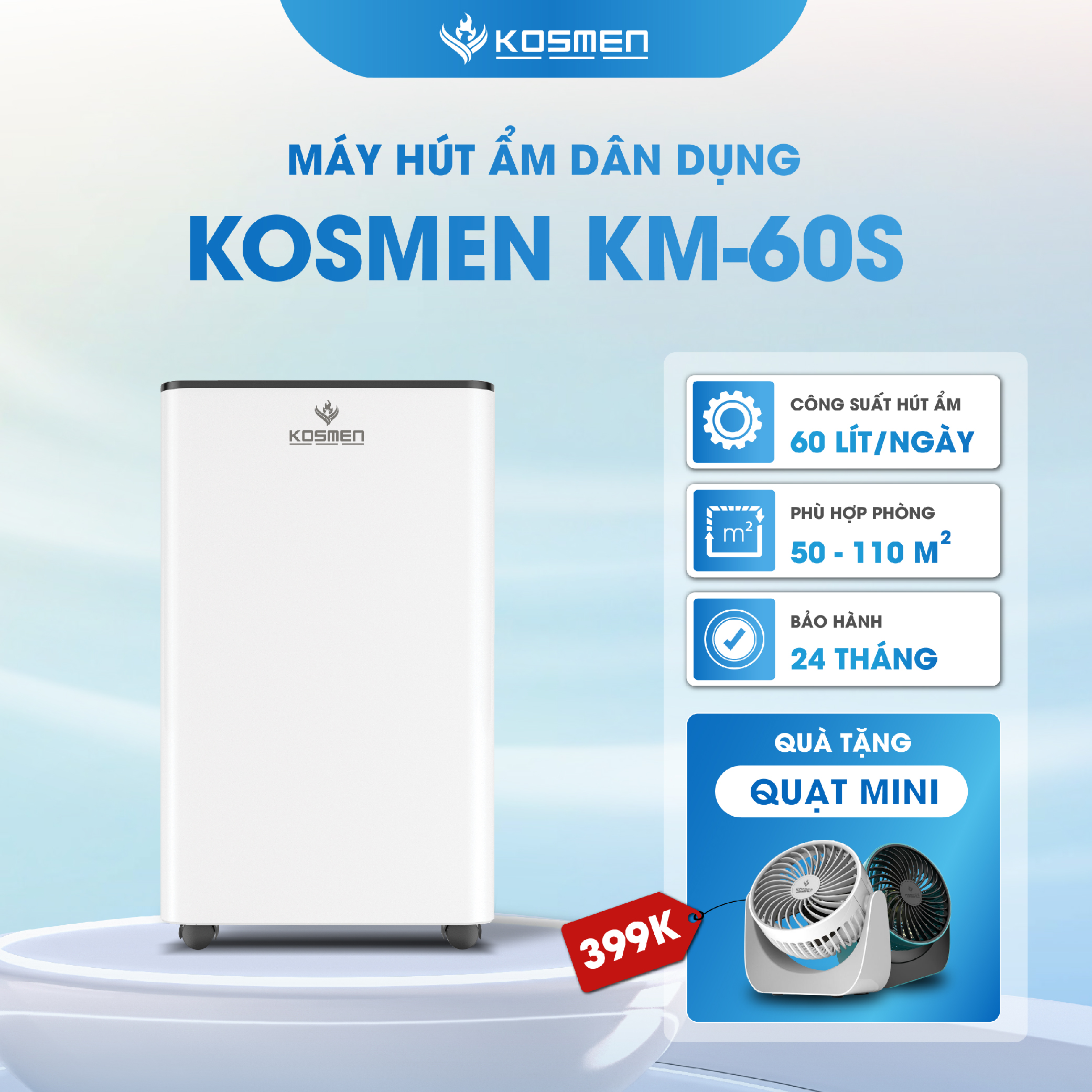 Mô tả Máy Hút Ẩm Kosmen KM-60S Công Suất 60 lít/ngày, Công Nghệ Ion Âm - Hàng Chính Hãng - 1