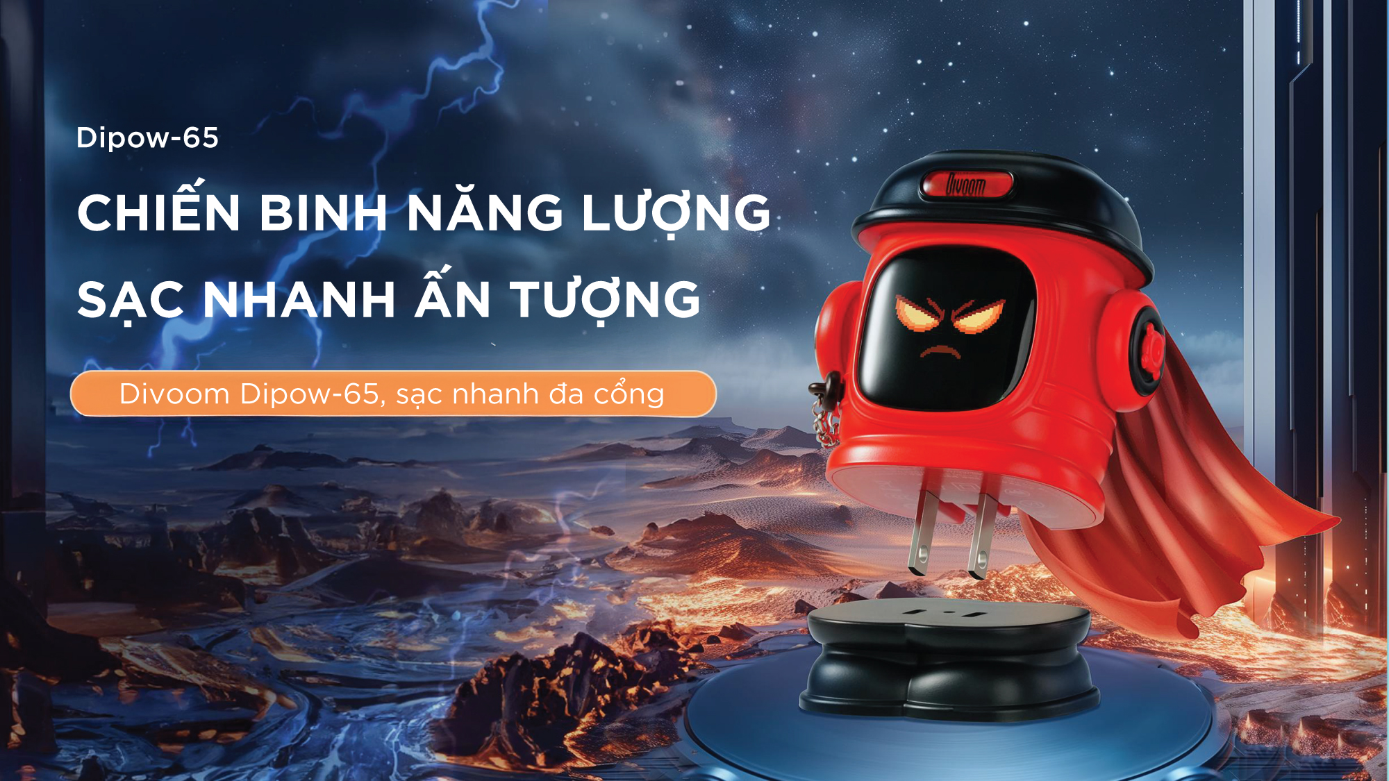 Mô tả Củ sạc nhanh Divoom Dipow 65W cho IP 16 công nghệ GaN, màn hình LED hiển thị pixel art, 1 cổng USB-A 2 cổng USB-C - 1