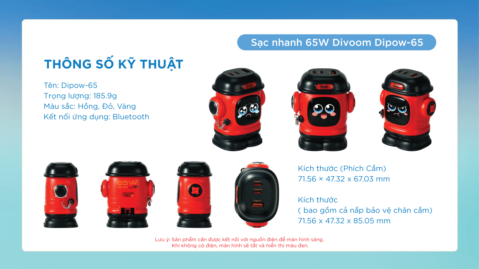 Mô tả Củ sạc nhanh Divoom Dipow 65W cho IP 16 công nghệ GaN, màn hình LED hiển thị pixel art, 1 cổng USB-A 2 cổng USB-C - 8