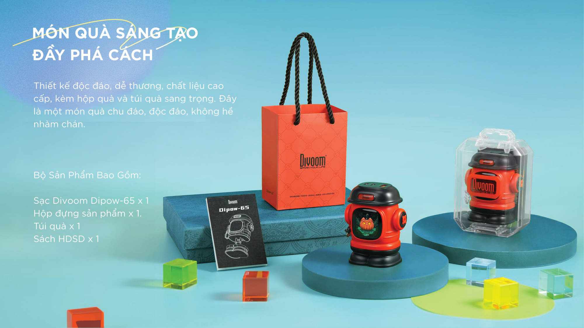 Mô tả Củ sạc nhanh Divoom Dipow 65W cho IP 16 công nghệ GaN, màn hình LED hiển thị pixel art, 1 cổng USB-A 2 cổng USB-C - 9