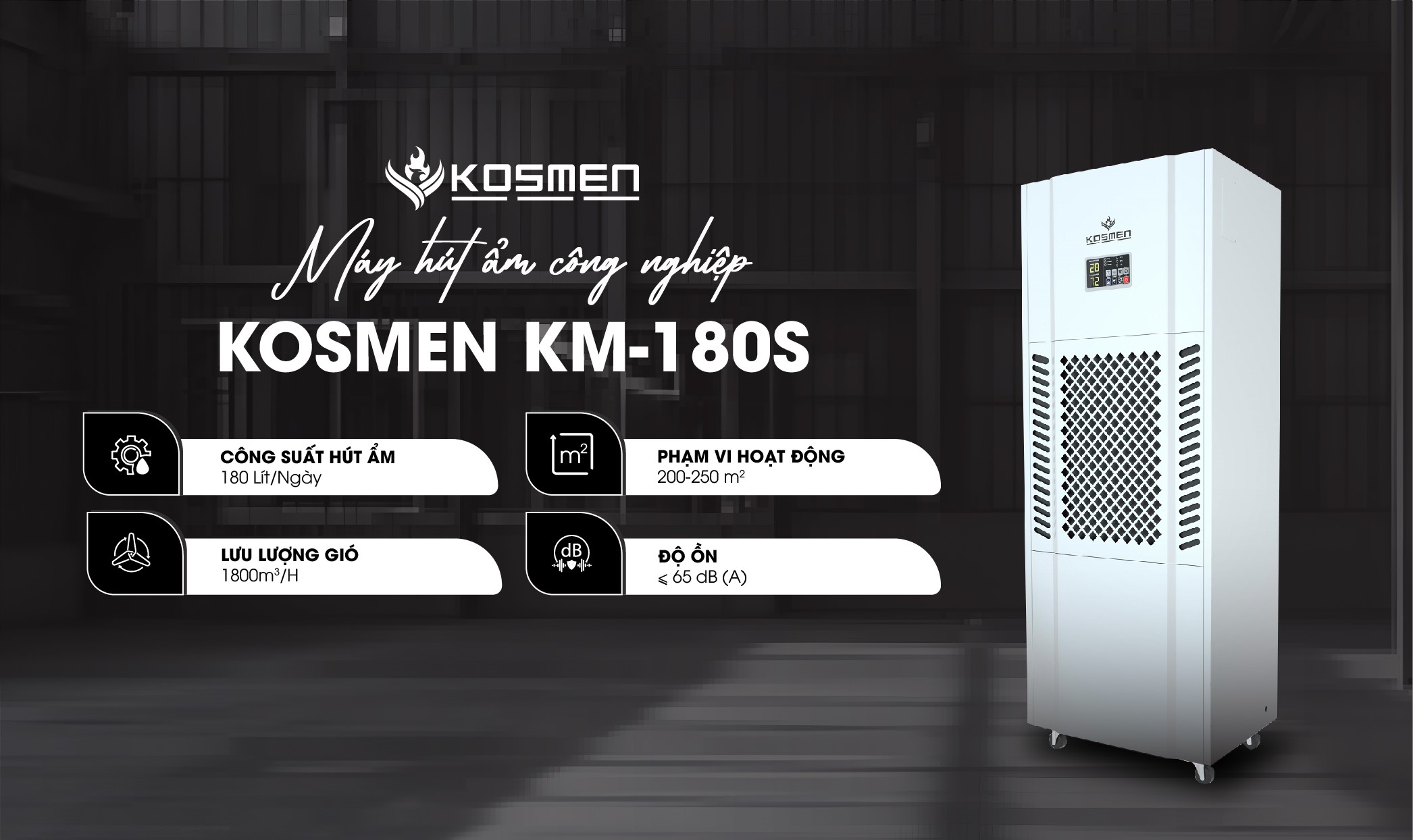 Mô tả Máy Hút Ẩm Công Nghiệp Kosmen KM-180S 180 lít/ngày - Hàng Chính Hãng Bảo Hành 24 Tháng - 2