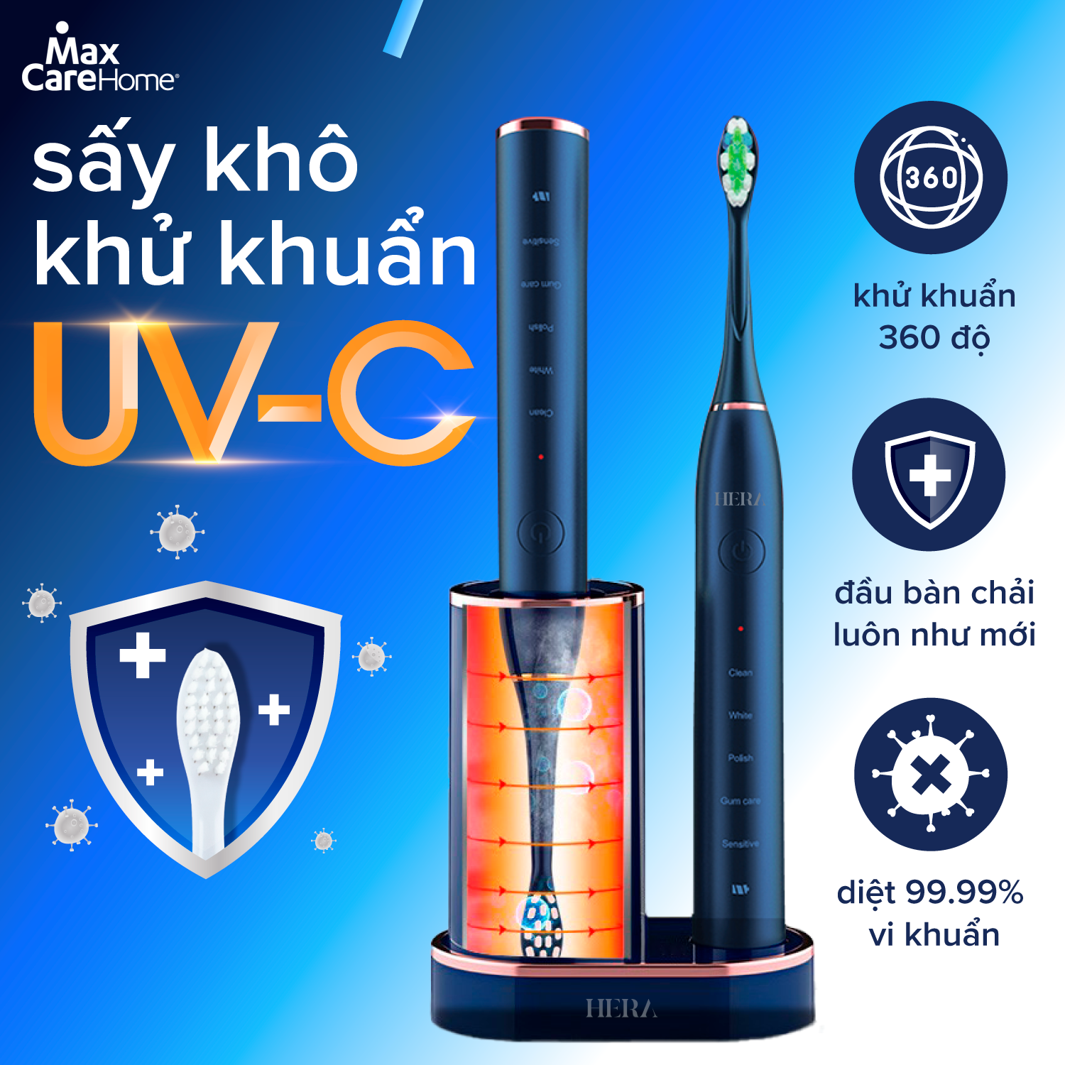 Mô tả Bàn Chải Điện DIỆT KHUẨN BẰNG TIA UV CAO CẤP Maxcare Hera Whitening Sấy Khô & Nhắc Chuyển Vùng Đánh Răng - 1