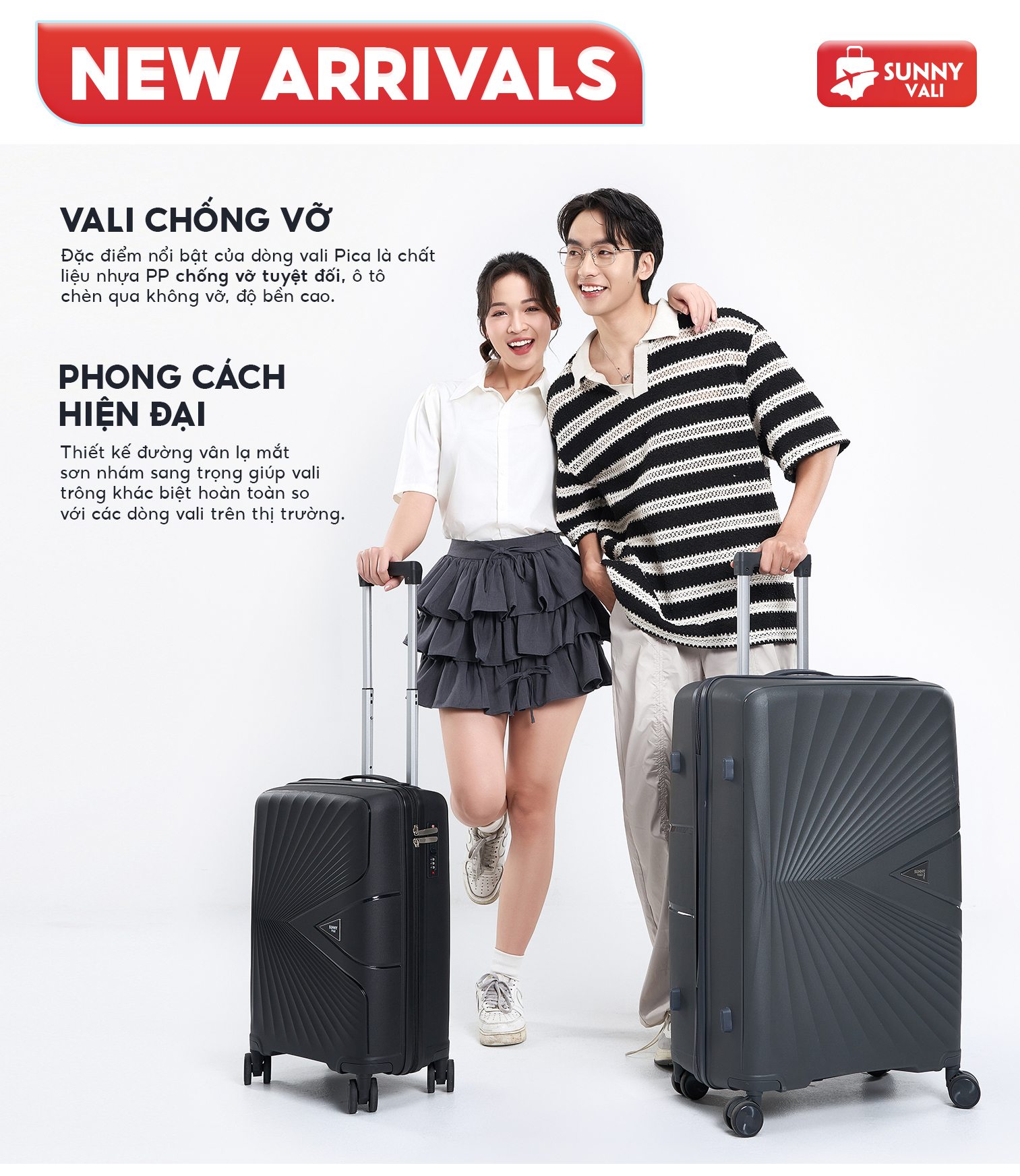 Mô tả Vali kéo du lịch SUNNY PICA nhựa PP chống vỡ tuyệt đối, vali size 28 24 20 inch xách tay, kí gửi - 1