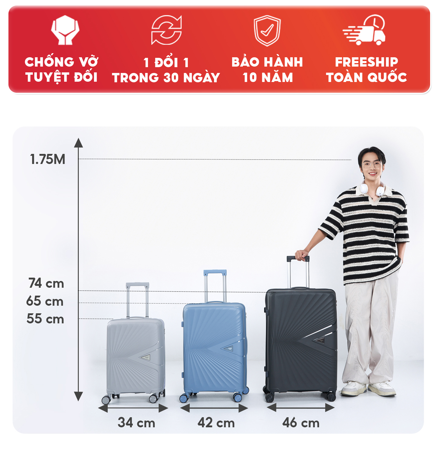 Mô tả Vali kéo du lịch SUNNY PICA nhựa PP chống vỡ tuyệt đối, vali size 28 24 20 inch xách tay, kí gửi - 6