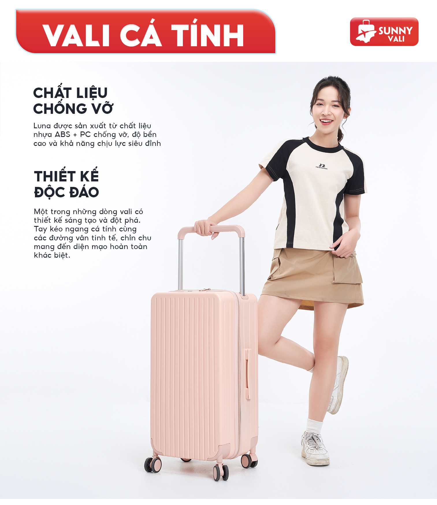 Mô tả Vali kéo du lịch SUNNY LUNA chính hãng size 20-24, xách tay-kí gửi hạn chế va đập - 1