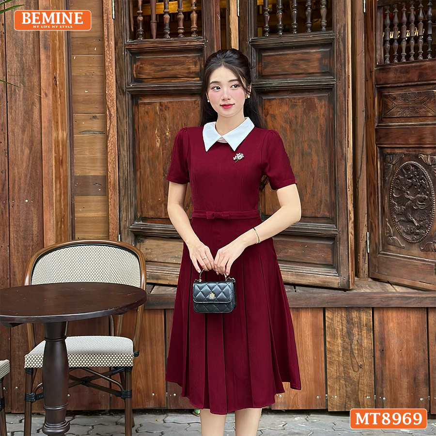 Mô tả Đầm thiết kế cổ sen eo đính nơ tùng xếp ly BEMINE MT8969 - 2