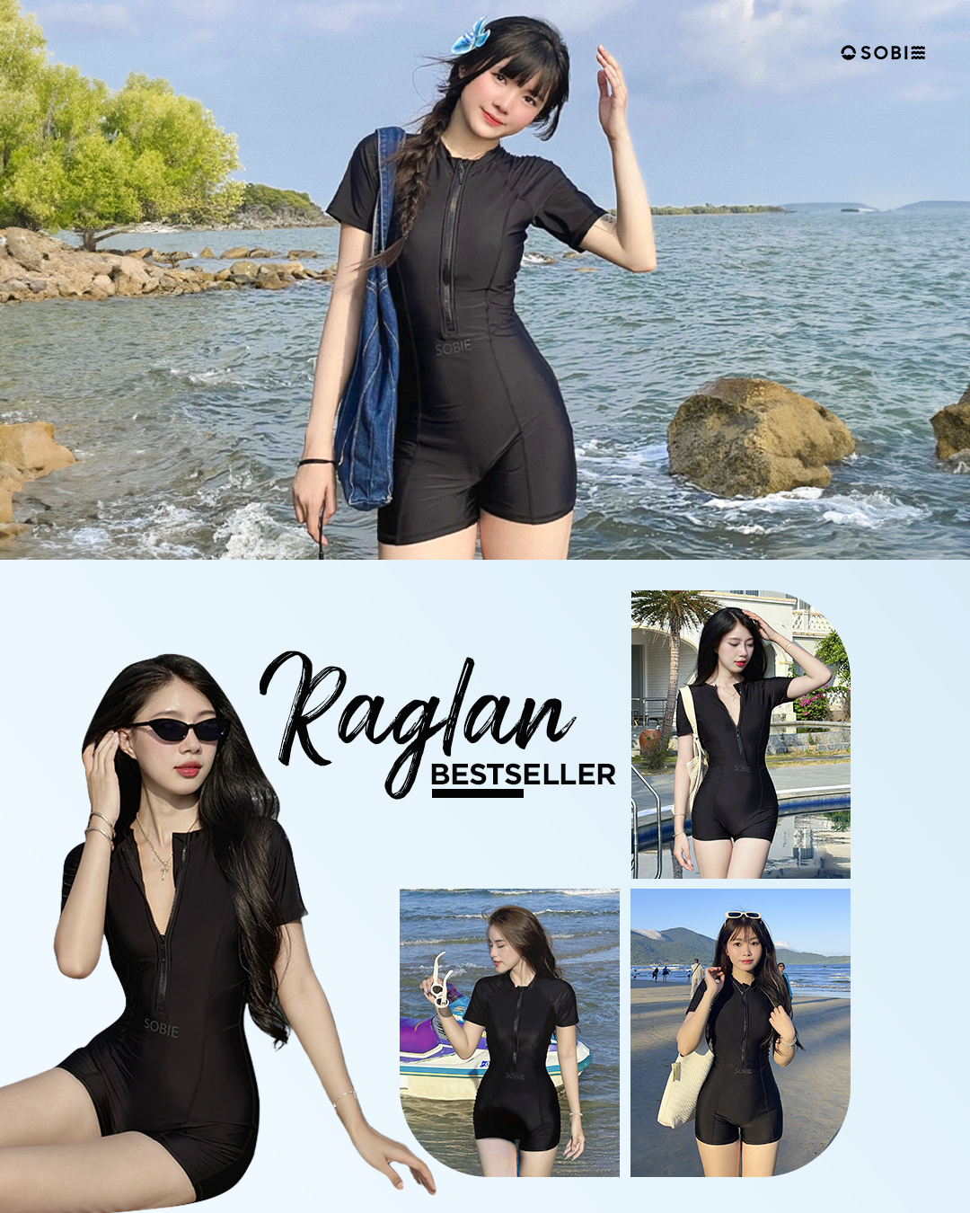 Mô tả Đồ bơi liền thân tay ngắn - raglan zip up swimsuit Sobie - 1