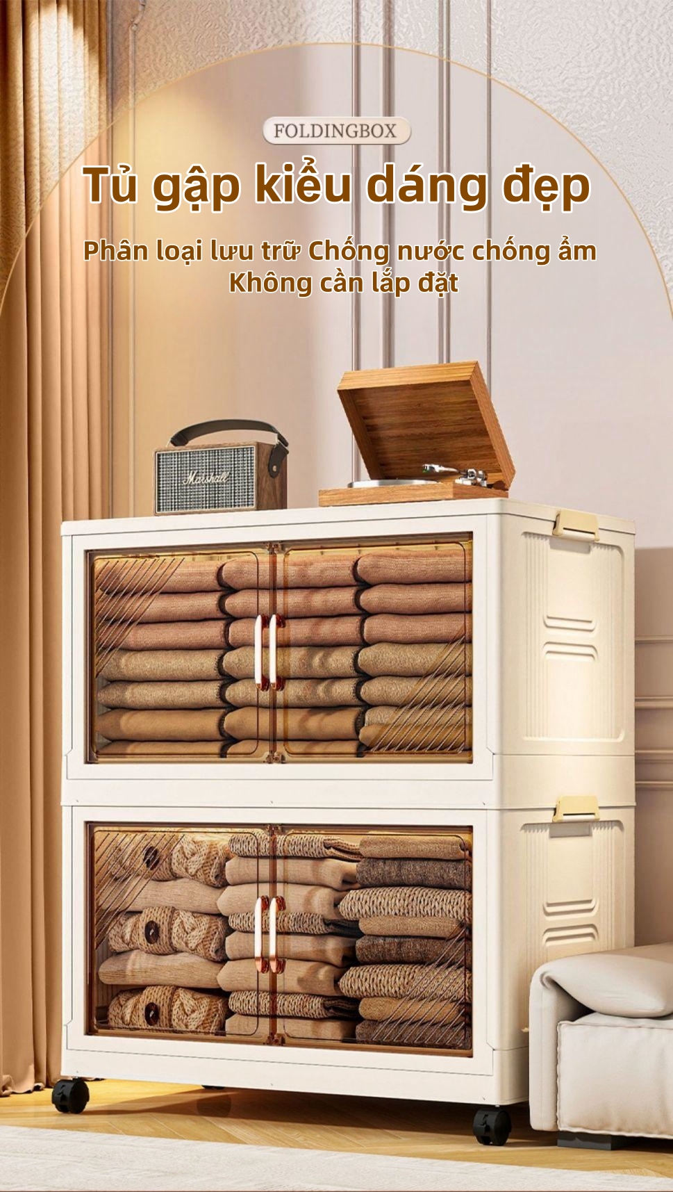 Mô tả Derorice Tủ nhựa gấp bằng trong suốt, có sẵn chiều rộng 70 và 80 cm,có bánh xe xoay 360 độcửa bằng nam châm - 1