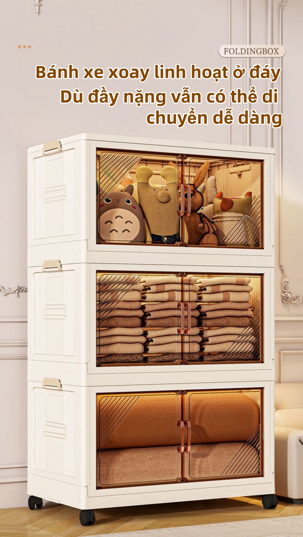 Mô tả Derorice Tủ nhựa gấp bằng trong suốt, có sẵn chiều rộng 70 và 80 cm,có bánh xe xoay 360 độcửa bằng nam châm - 6