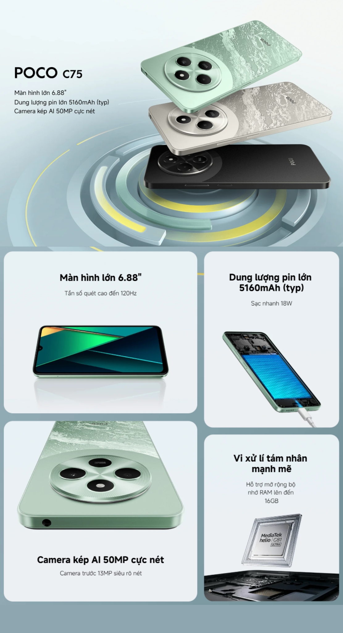 Mô tả Điện Thoại Thông Minh POCO C75 (6+128GB) | Màn hình 6,88" | Pin 5160mAh | Camera kép 50MP AI - 1