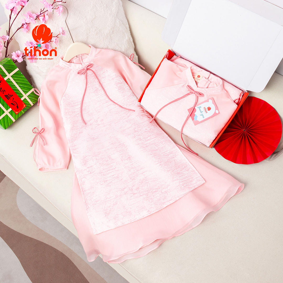 Cổ áo tròn đính nơ áo dài bé gái TIHON