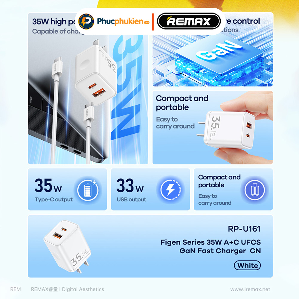 Mô tả Củ sạc nhanh 35w Remax U161 2 cổng sạc đầy 60% pin 30 phút cho 16 seris trở xuống - Phúc Phụ Kiện - 3