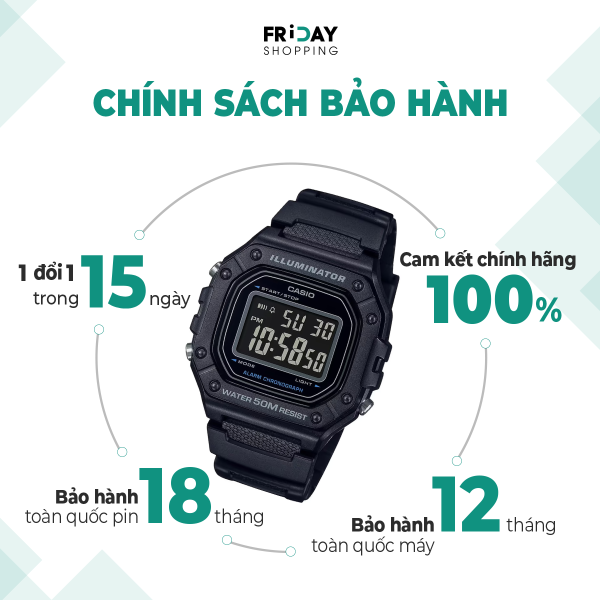 Mô tả Đồng Hồ Casio Nam Điện Tử W-218H-1BVDF Mặt Vuông Dây Cao Su Chính Hãng - 3