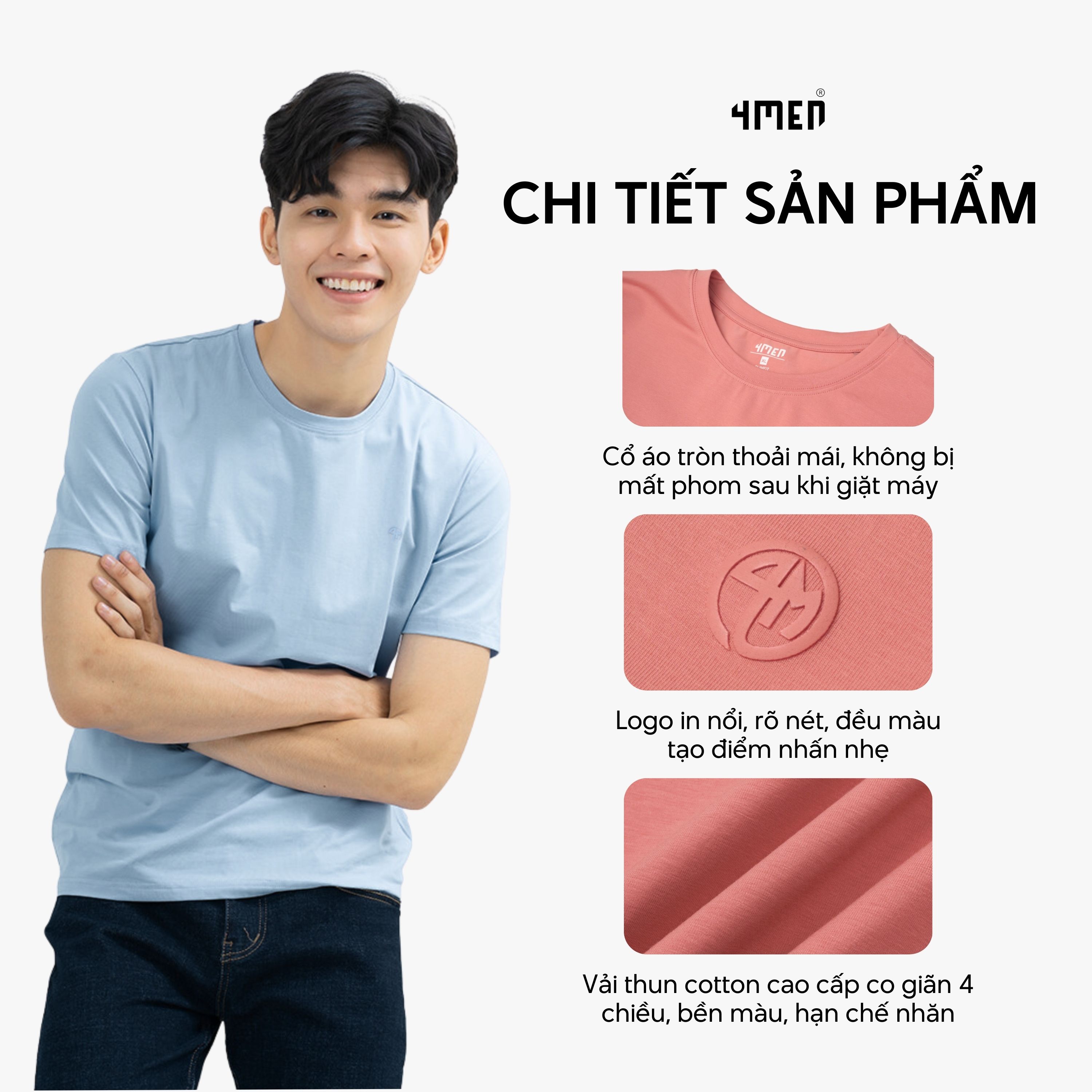 Mô tả Áo thun nam cổ tròn trơn 4MEN AT161 form slimfit đẹp ôm body, vải cotton cao cấp co giãn 4 chiều thấm mồ hôi, giá rẻ - 2