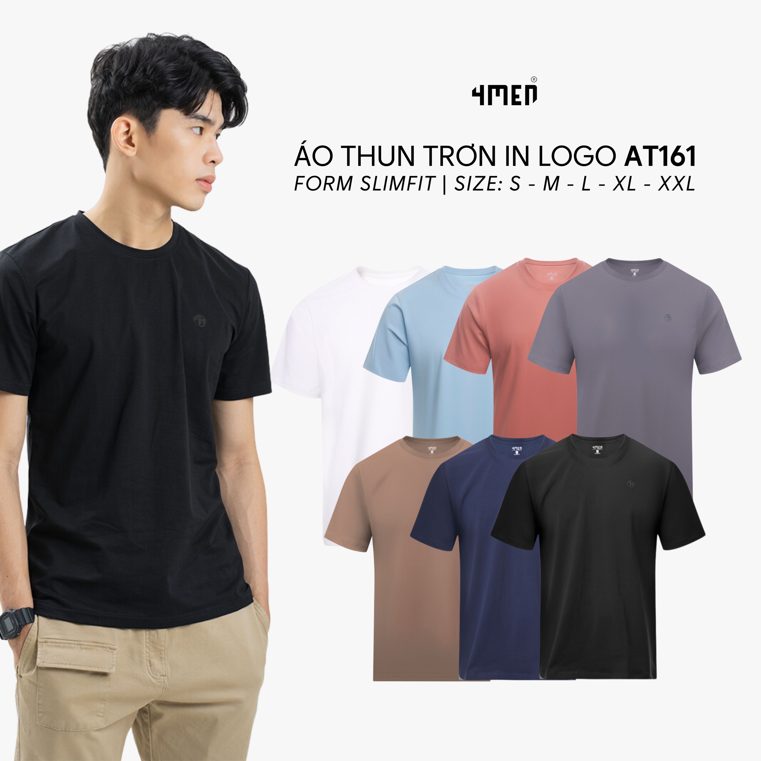 Mô tả Áo thun nam cổ tròn trơn 4MEN AT161 form slimfit đẹp ôm body, vải cotton cao cấp co giãn 4 chiều thấm mồ hôi, giá rẻ - 1