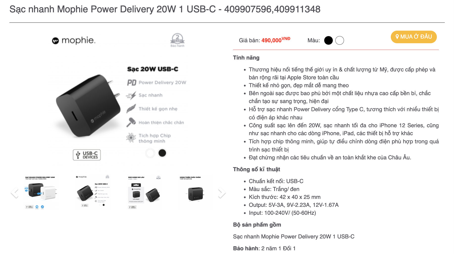 Mô tả Sạc nhanh mophie PD 18W/20W/30W/35W/40W- USB-C dành cho ip/tablet táo - 1