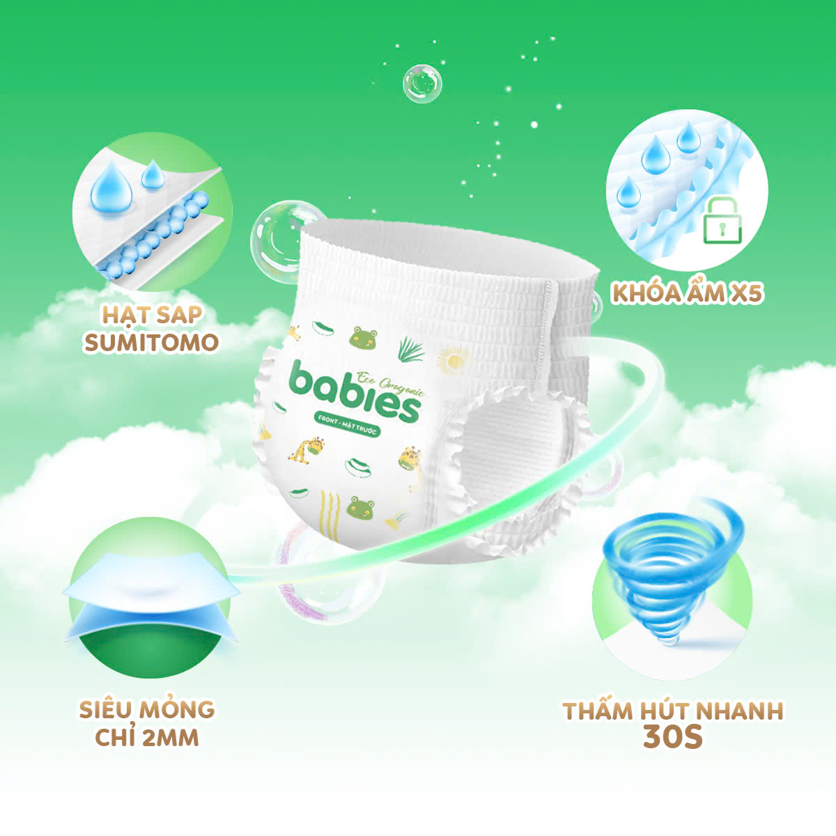 Mô tả Combo 2 Bịch Tã/Bỉm BABIES ORGANIC ECO Siêu Mềm Mịn, Mỏng Thoáng, Lô Hội Ngừa Hăm Bí - Size NB/S/M/L/XL/2XL/3XL - 2