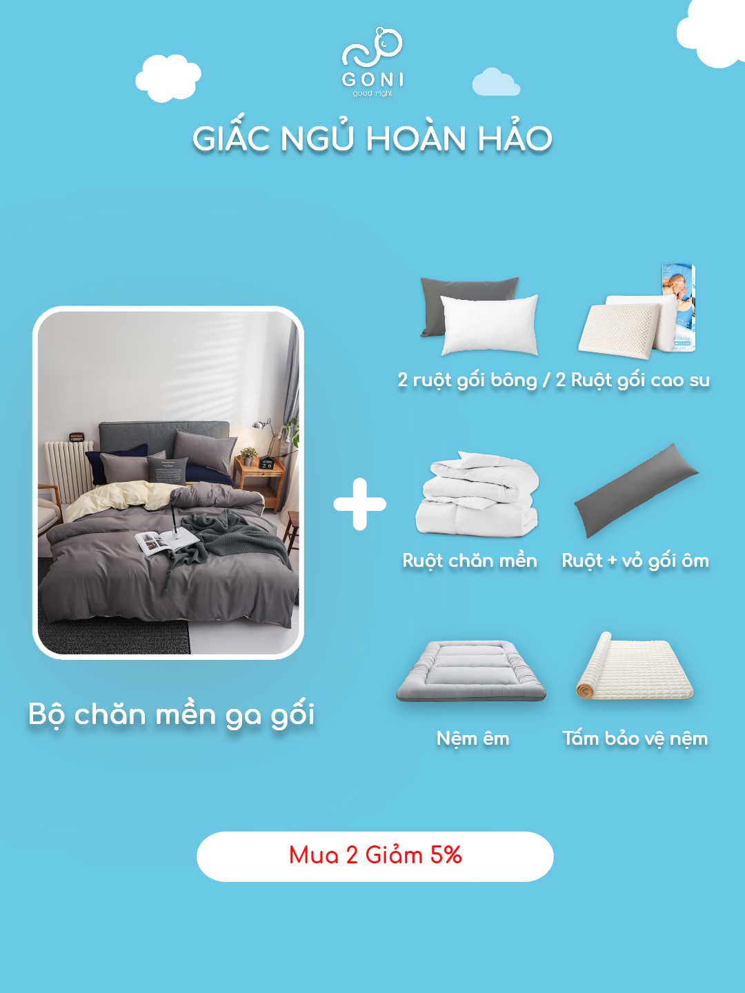 Mô tả Bộ chăn mền ga gối GONI CHILL màu Xám Sữa - Ga drap giường 1m, 1m2, 1m4, 1m6, 1m8, 2m2 - 8