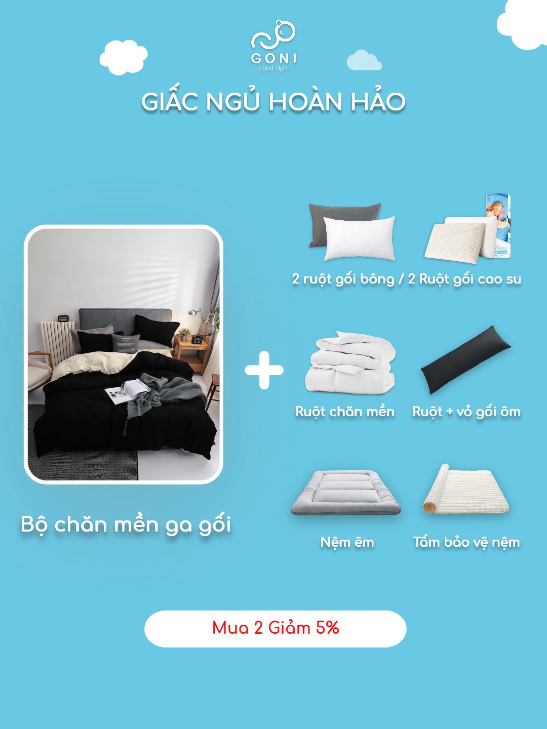 Mô tả Bộ chăn mền ga gối GONI CHILL màu Đen Sữa - Ga drap giường bo chun cao 4-25cm kích thước 1m, 1m2 ,1m4, 1m6, 1m8, 2m2 - 8