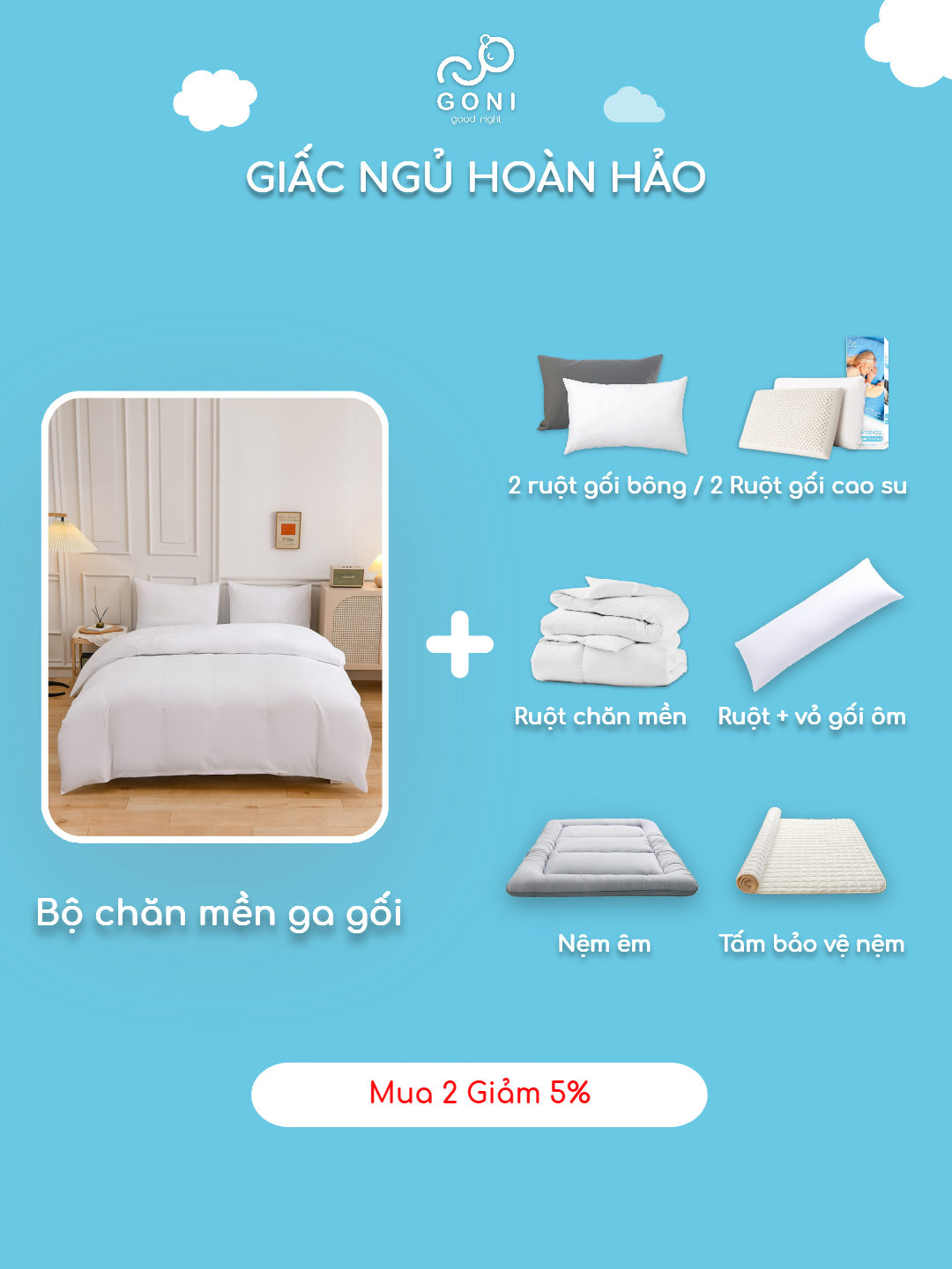 Mô tả Bộ chăn mền ga gối GONI CHILL màu Trắng trơn - Ga drap giường bo chun cao 4-25cm kích thước 1m, 1m2 ,1m4, 1m6, 1m8, 2m2 - 8