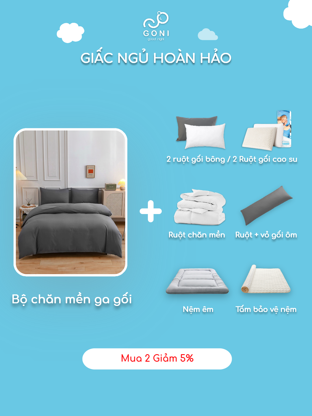 Mô tả Bộ chăn mền ga gối GONI CHILL màu Xám Trơn - Ga drap giường bo chun cao 4-25cm kích thước 1m, 1m2 ,1m4, 1m6, 1m8, 2m2 - 8