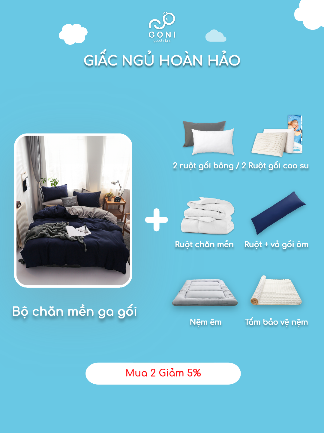Mô tả Bộ chăn mền ga gối GONI CHILL màu Navy Xám - Ga drap giường bo chun cao 4-25cm kích thước 1m, 1m2,1m4, 1m6, 1m8, 2m2 - 8