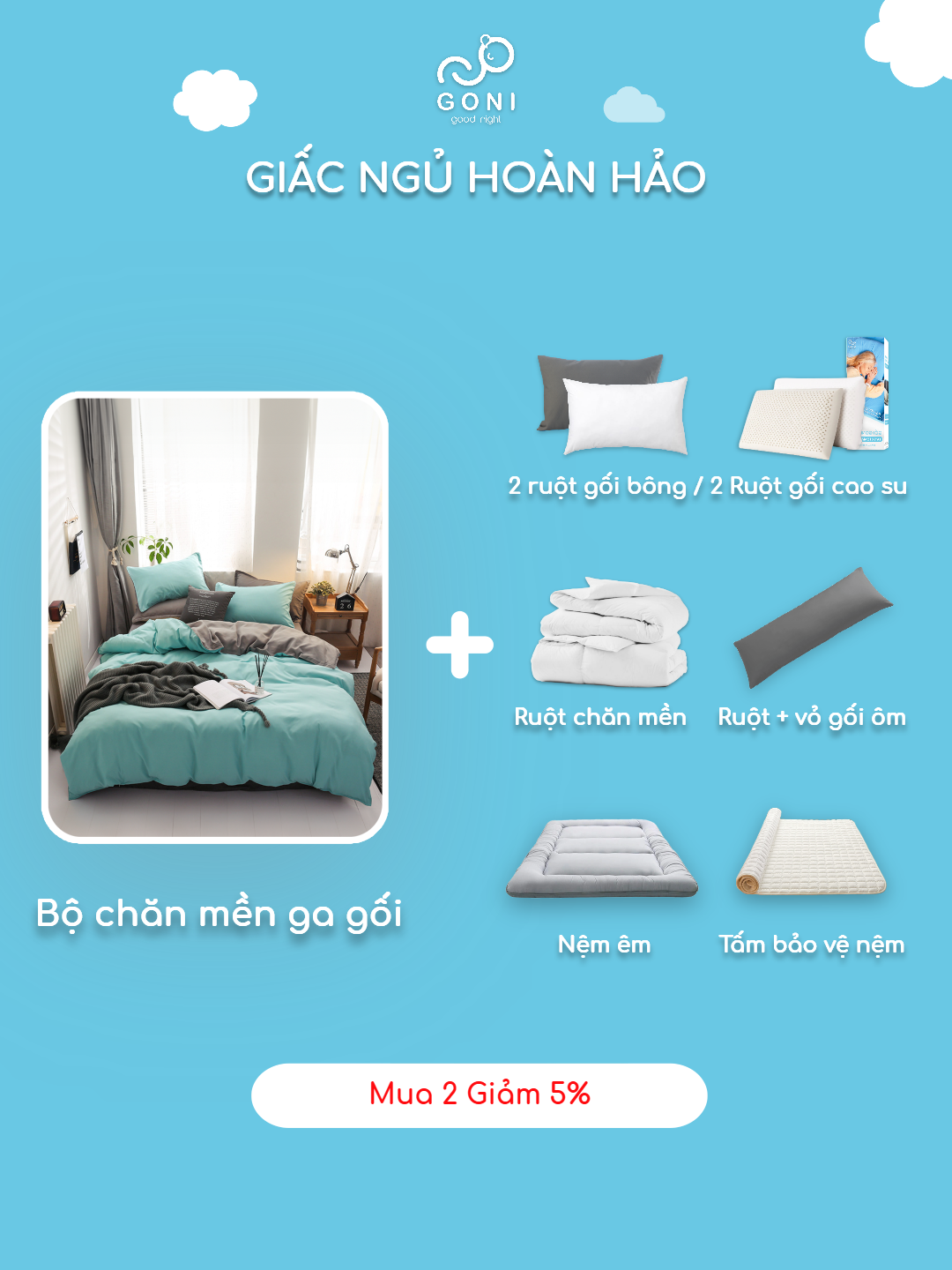 Mô tả Bộ chăn mền ga gối GONI CHILL màu Xanh Xám - Ga drap giường bo chun cao 4-25cm kích thước 1m, 1m2 ,1m4, 1m6, 1m8, 2m2 - 8