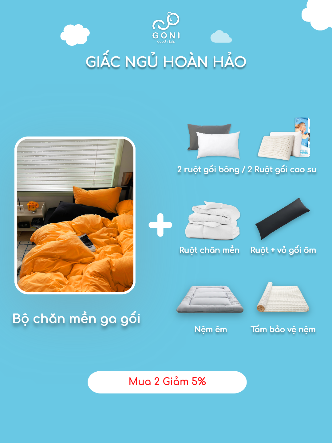 Mô tả Bộ chăn mền ga gối GONI CHILL màu Cam Đen - Ga drap giường bo chun cao 4-25cm kích thước 1m, 1m2 ,1m4, 1m6, 1m8, 2m2 - 8