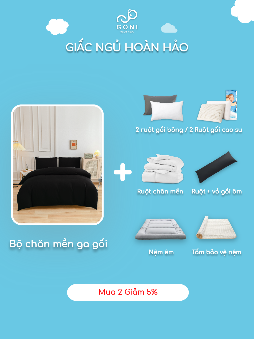 Mô tả Bộ chăn mền ga gối GONI CHILL màu Đen Trơn - Ga drap giường bo chun cao 4-25cm kích thước 1m, 1m2 ,1m4, 1m6, 1m8, 2m2 - 8