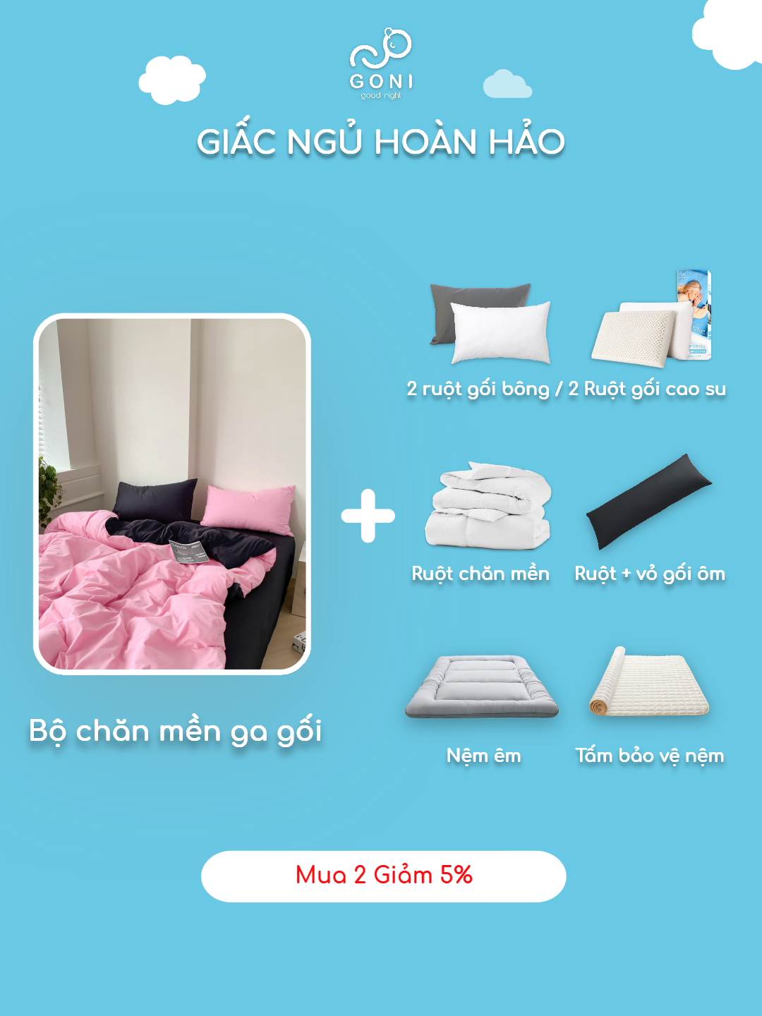 Mô tả Bộ chăn mền ga gối GONI CHILL màu Black Pink Đen Hồng - Ga drap giường bo chun cao 4-25cm kích thước 1m,1m4,1m6,1m8, 2m2 - 8