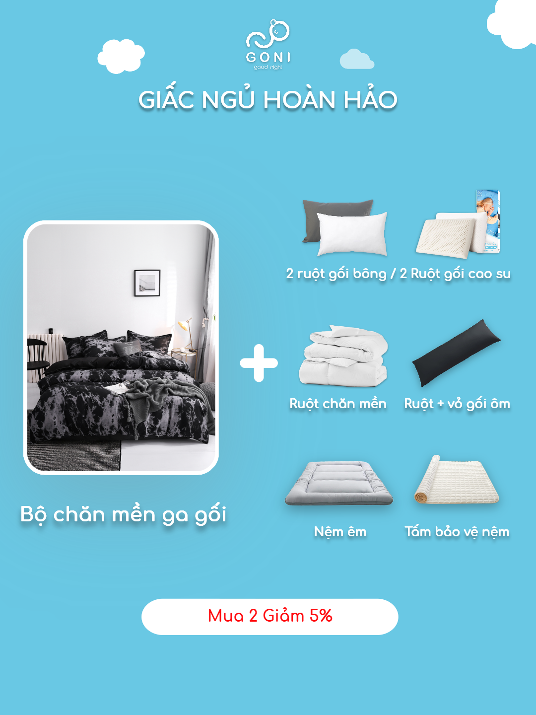 Mô tả Bộ chăn mền ga gối GONI CHILL họa tiết - Ga drap giường bo chun cao 4-25cm kích thước 1m, 1m2 ,1m4, 1m6, 1m8, 2m2 - 8