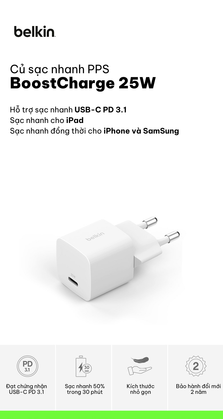 Mô tả Củ sạc sạc nhanh Belkin 25W USB-C PD3.1 Wall Charger màu trắng nhỏ gọn - 1
