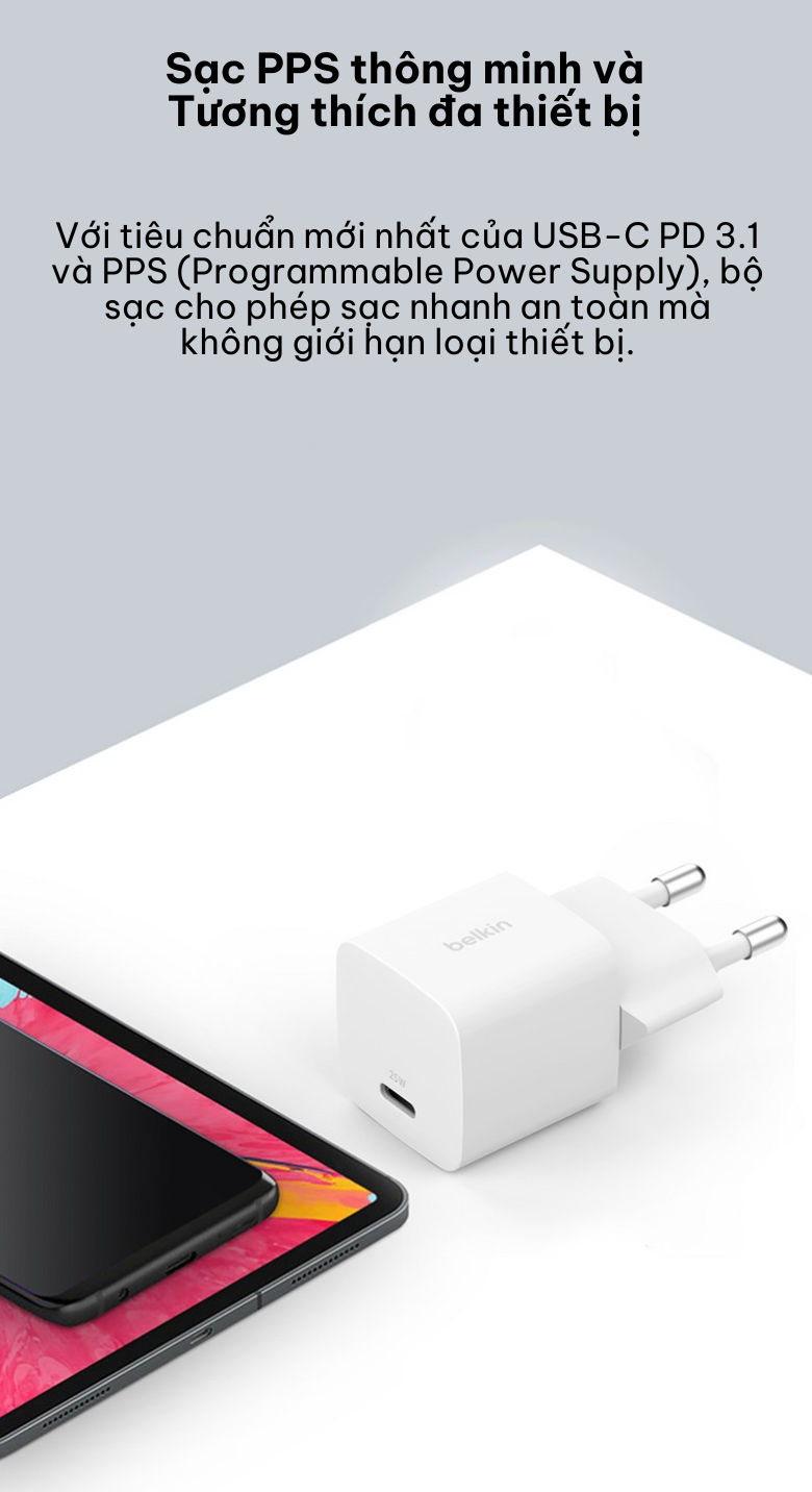 Mô tả Củ sạc sạc nhanh Belkin 25W USB-C PD3.1 Wall Charger màu trắng nhỏ gọn - 5