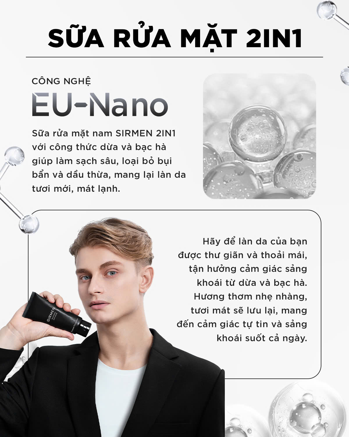Mô tả Sữa rửa mặt nam 2 in 1 nguyên liệu châu Âu SIRMEN Europe Gentlemen cao cấp 100g chiết xuất tự nhiên công nghệ EU-Nano - 2