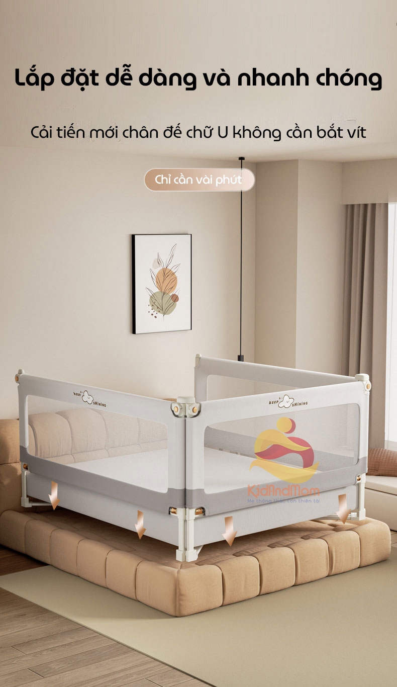 Mô tả Thanh chắn giường cao cấp KidAndMom BR02, BR23, BR25 cao 105cm 24 nắc điều chỉnh thiết kế chống kẹt chống vấp ngã cho bé - 3