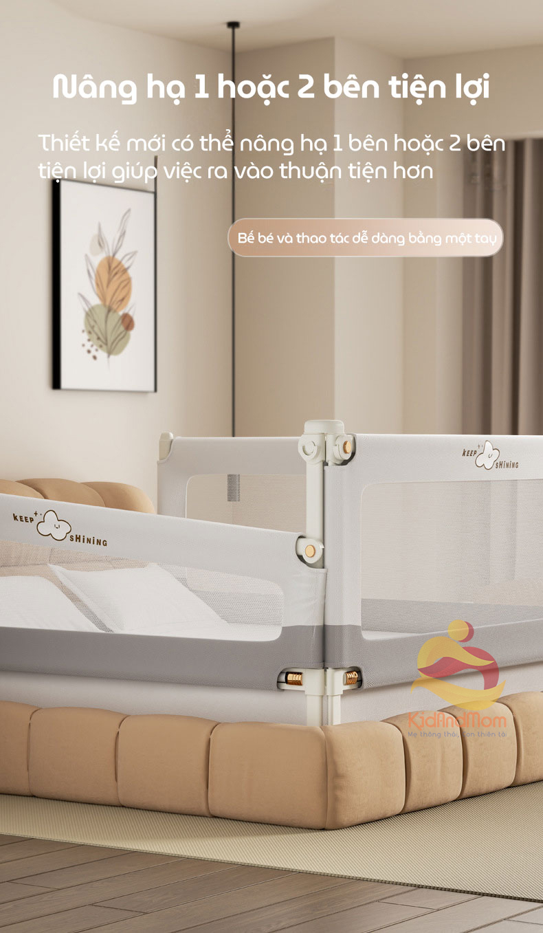 Mô tả Thanh chắn giường cao cấp KidAndMom BR02, BR23, BR25 cao 105cm 24 nắc điều chỉnh thiết kế chống kẹt chống vấp ngã cho bé - 5