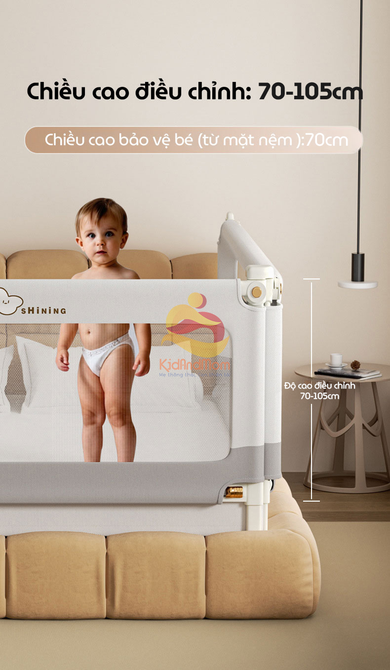 Mô tả Thanh chắn giường cao cấp KidAndMom BR02, BR23, BR25 cao 105cm 24 nắc điều chỉnh thiết kế chống kẹt chống vấp ngã cho bé - 11