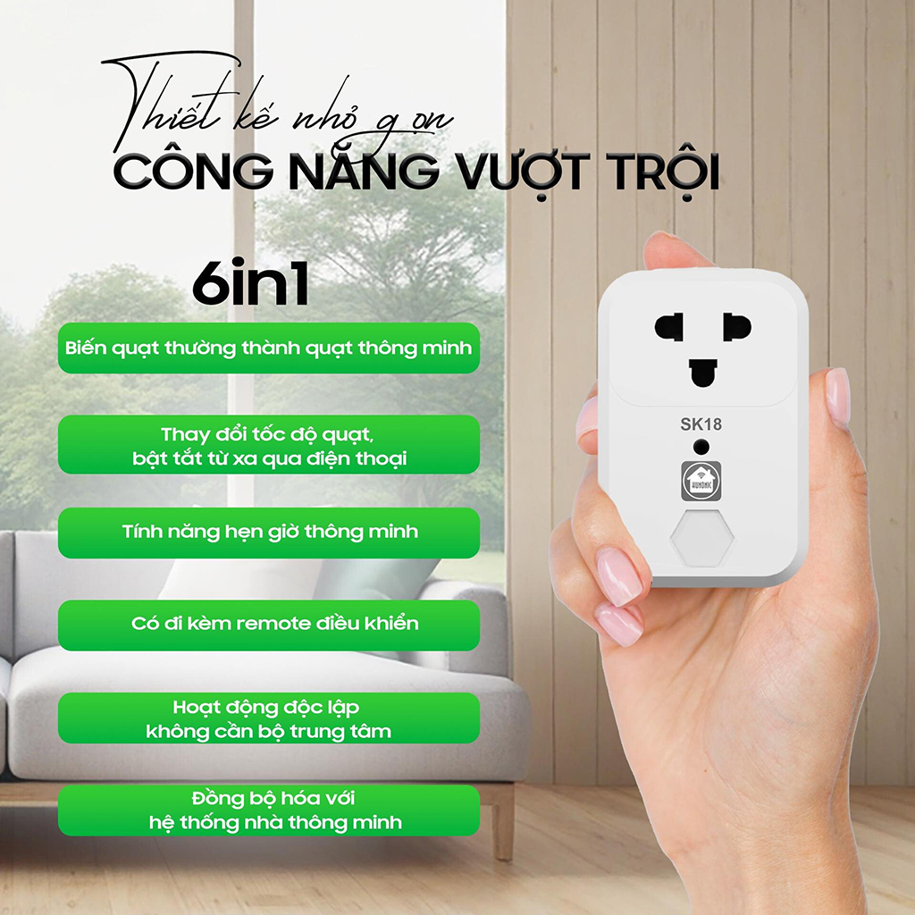 Mô tả Ổ Cắm Quạt Thông Minh Hunonic SK18, Điều Khiển Quạt Từ Xa Qua Điện Thoại - HNSK18 - 1