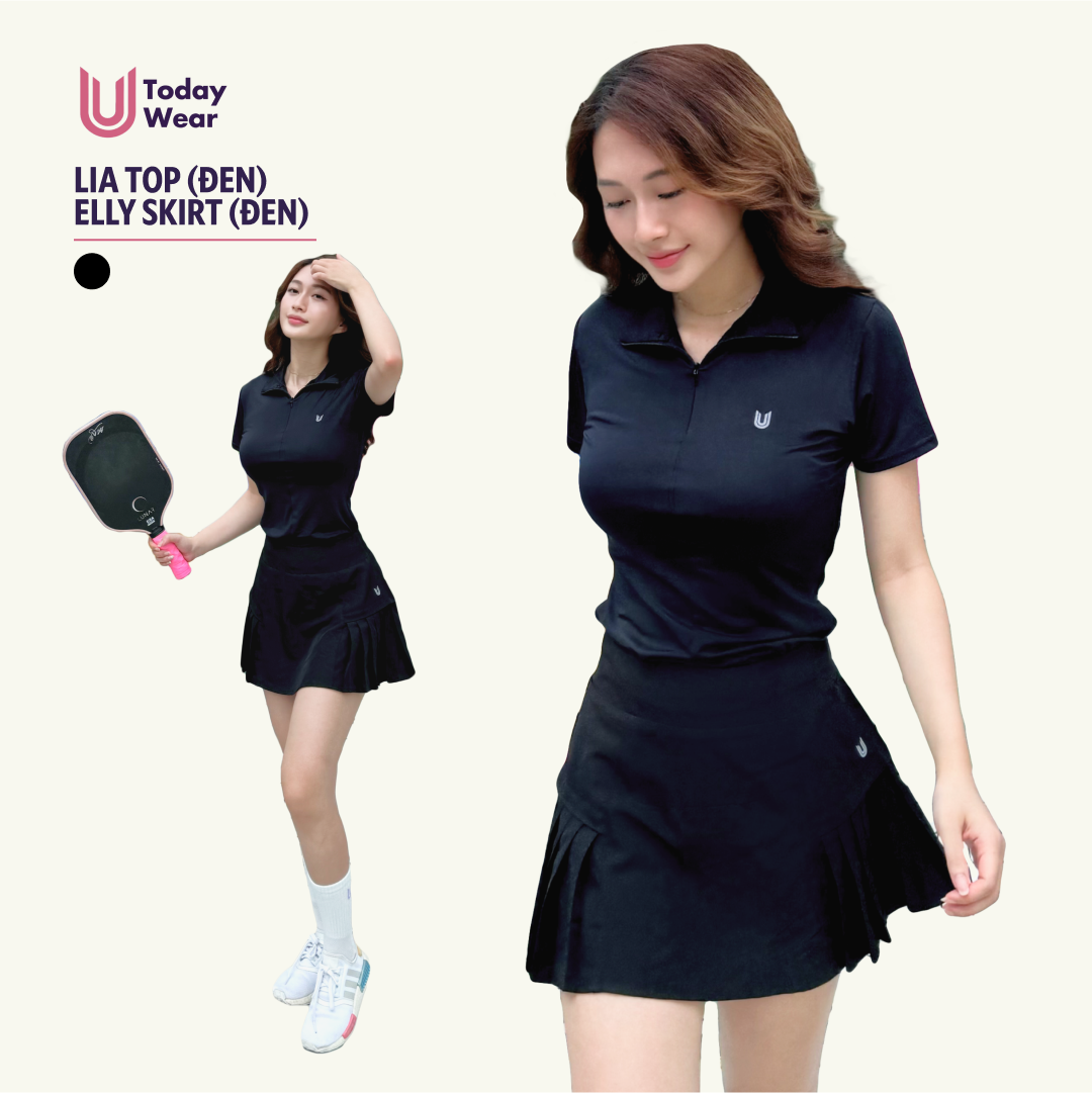 Mô tả Set bộ đồ thể thao nữ áo Lia Top đen mix chân váy Elly Skirt đen Today U Wear cầu lông tennis pickleball bóng bàn - 1
