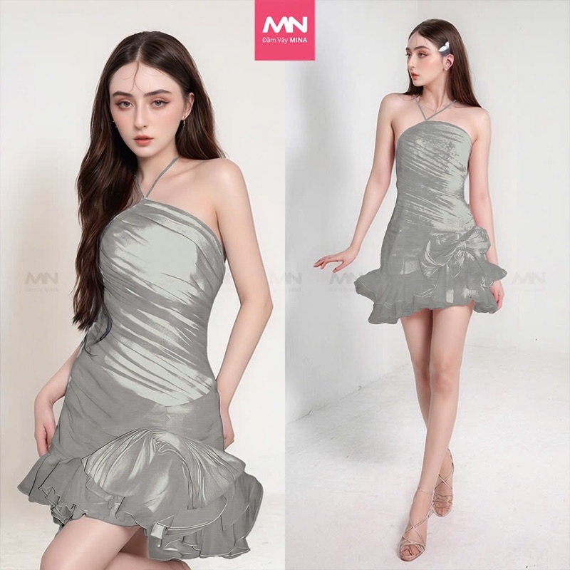 Mô tả Váy cổ yếm MINA dáng xoè ngắn mini màu xám chất Lụa dự tiệc - MN301 - 1