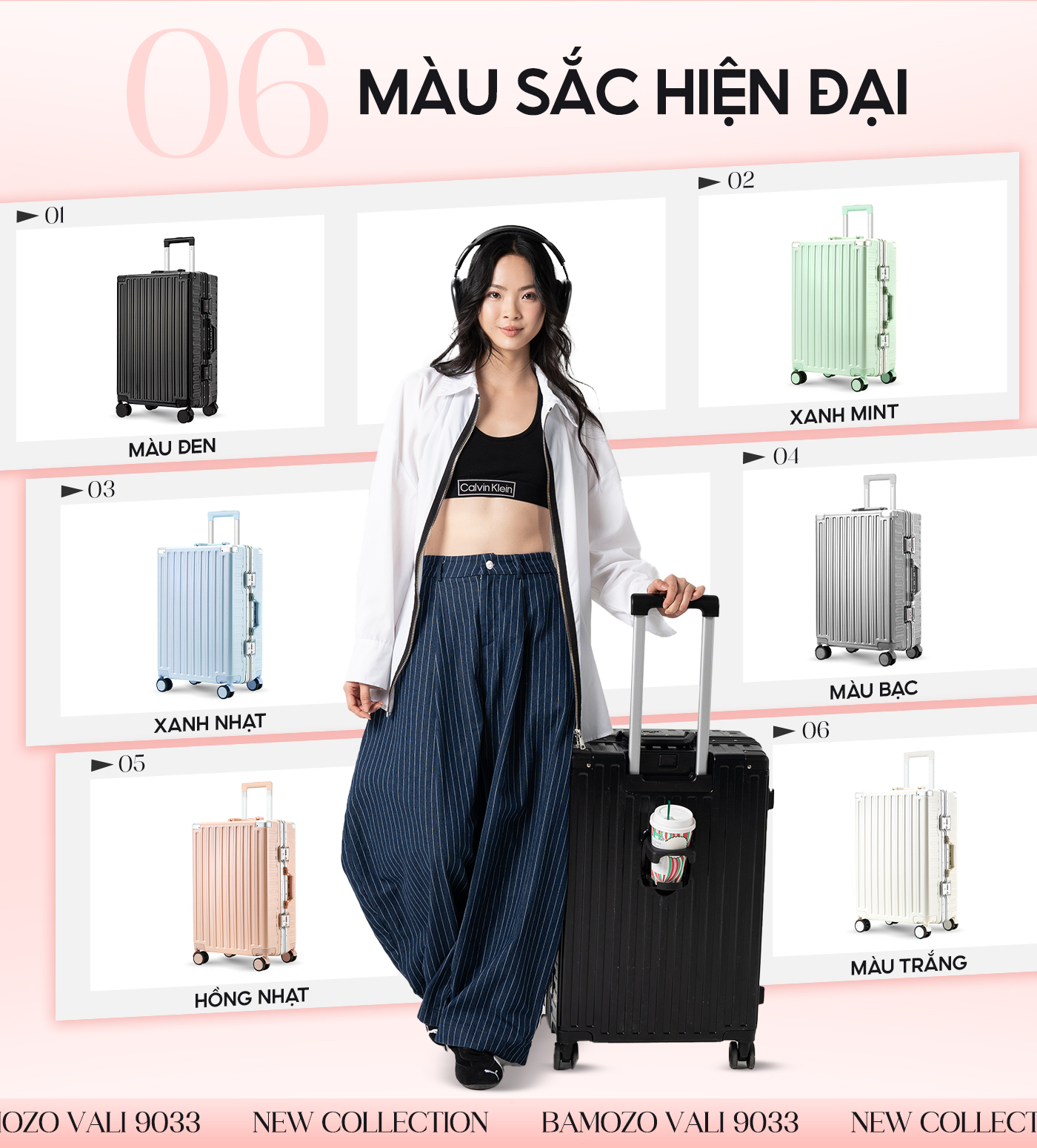 Mô tả Vali Bamozo 9033 Khung Nhôm Size 20/24/28 Khóa Số Bảo Mật Bịt 4 Góc Chống Va Đập Bảo Hành 5 năm - 2