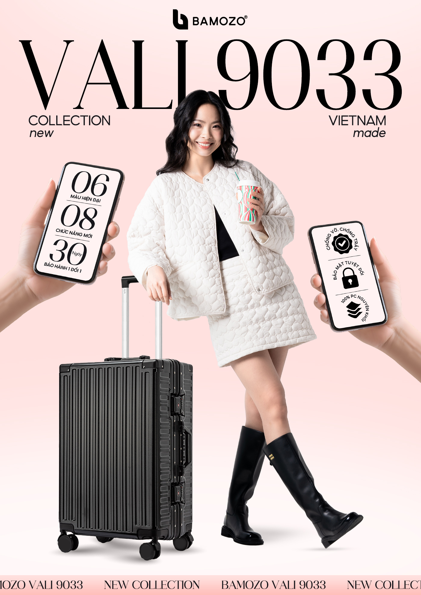Mô tả Vali Bamozo 9033 Khung Nhôm Size 20/24/28 Khóa Số Bảo Mật Bịt 4 Góc Chống Va Đập Bảo Hành 5 năm - 1