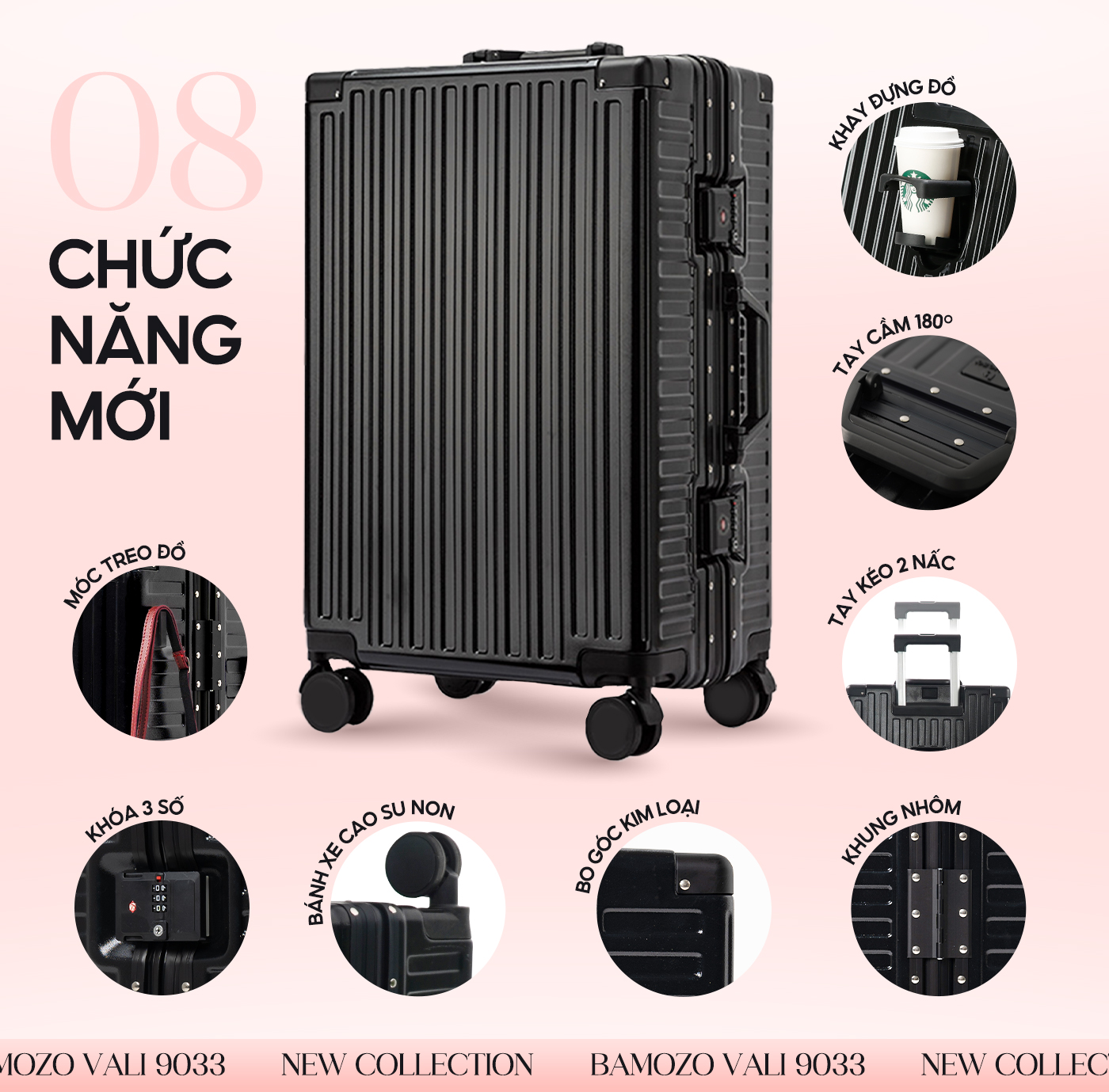 Mô tả Vali Bamozo 9033 Khung Nhôm Size 20/24 Cao Cấp Nhựa PC Nguyên Khối - 3