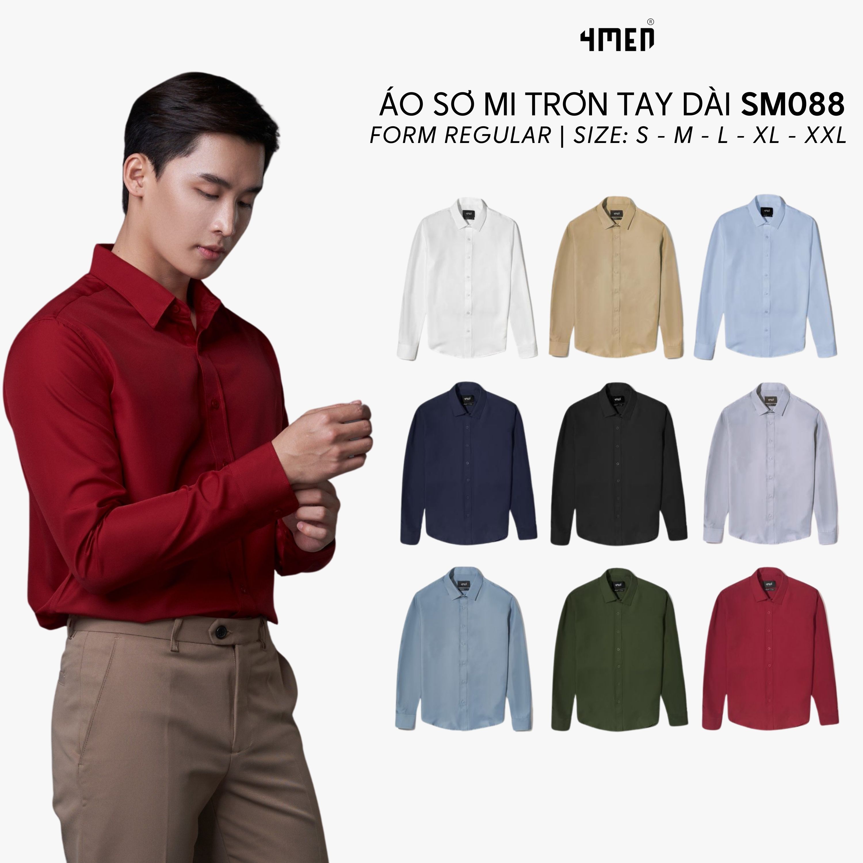 Mô tả Áo sơ mi nam tay dài trơn đẹp 4MEN SM088 lụa chéo hạn chế nhăn, mềm mịn, form regular rộng công sở trẻ trung, giá rẻ - 1
