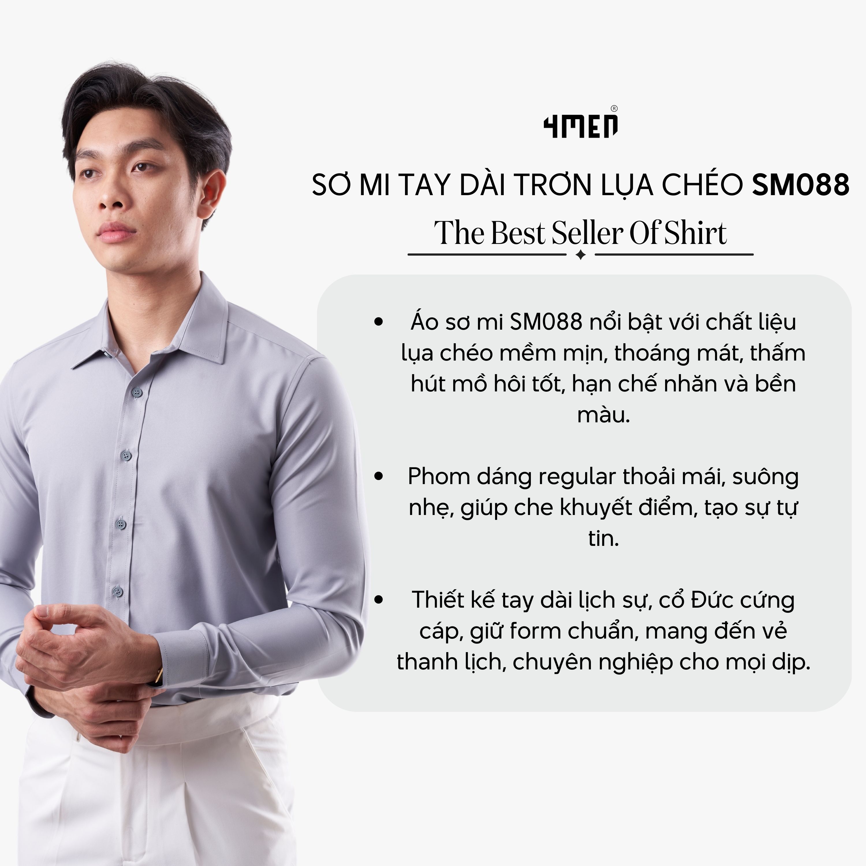 Mô tả Áo sơ mi nam tay dài trơn đẹp 4MEN SM088 lụa chéo hạn chế nhăn, mềm mịn, form regular rộng công sở trẻ trung, giá rẻ - 3