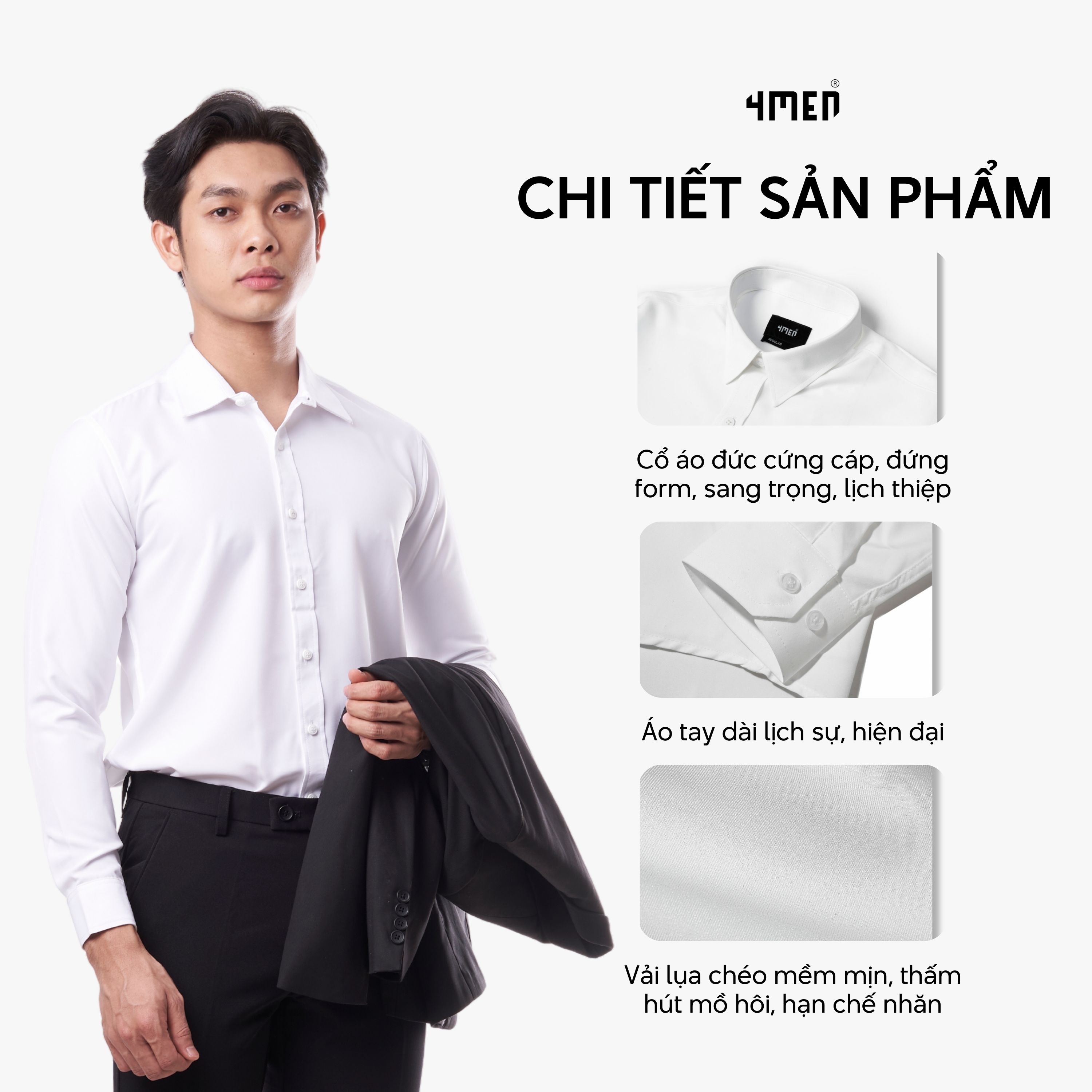 Mô tả Áo sơ mi nam tay dài trơn đẹp 4MEN SM088 lụa chéo hạn chế nhăn, mềm mịn, form regular rộng công sở trẻ trung, giá rẻ - 2