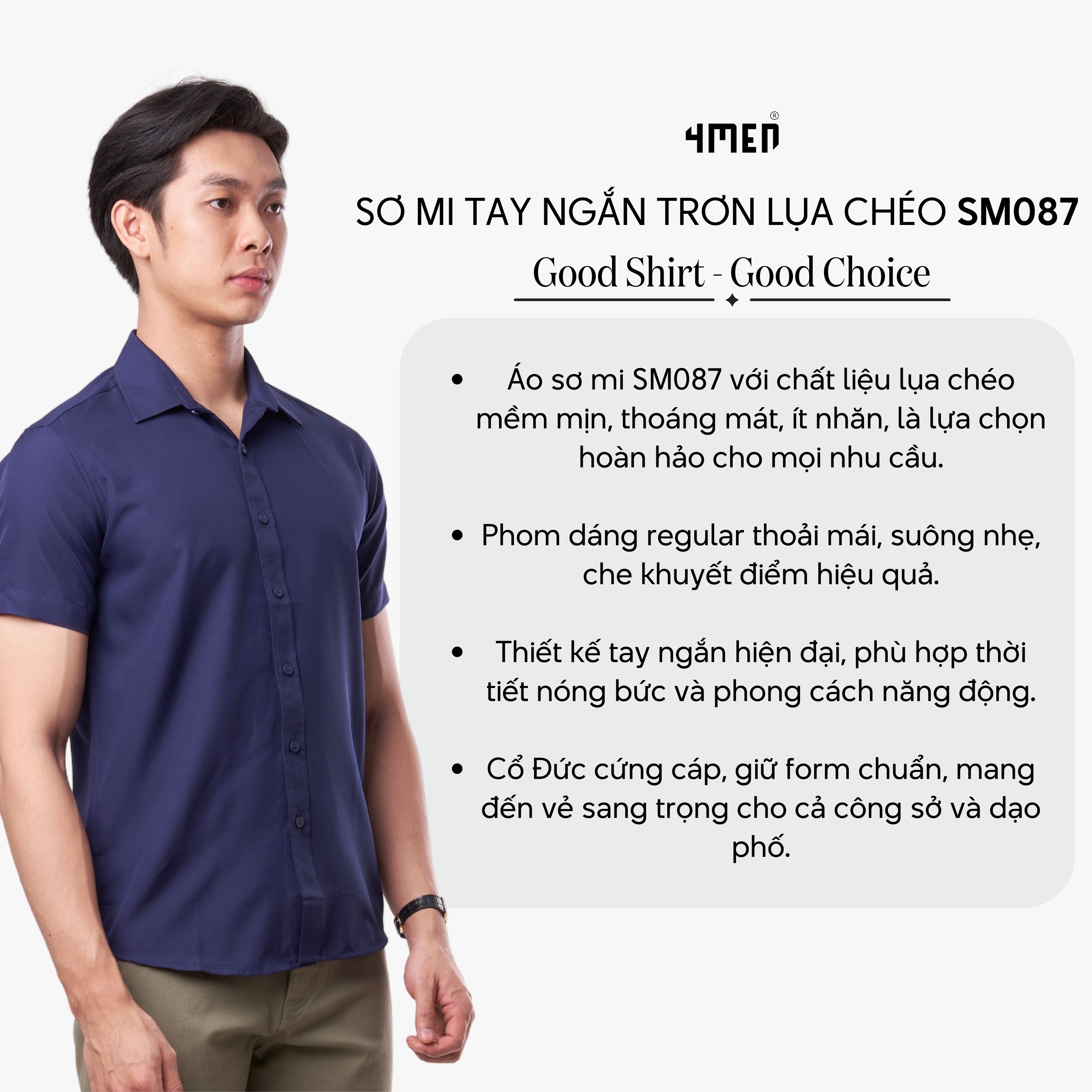 Mô tả Áo sơ mi nam tay ngắn trơn đẹp 4MEN SM087 vải lụa chéo mềm mịn, hạn chế nhăn, form regular rộng công sở trẻ trung giá rẻ - 3