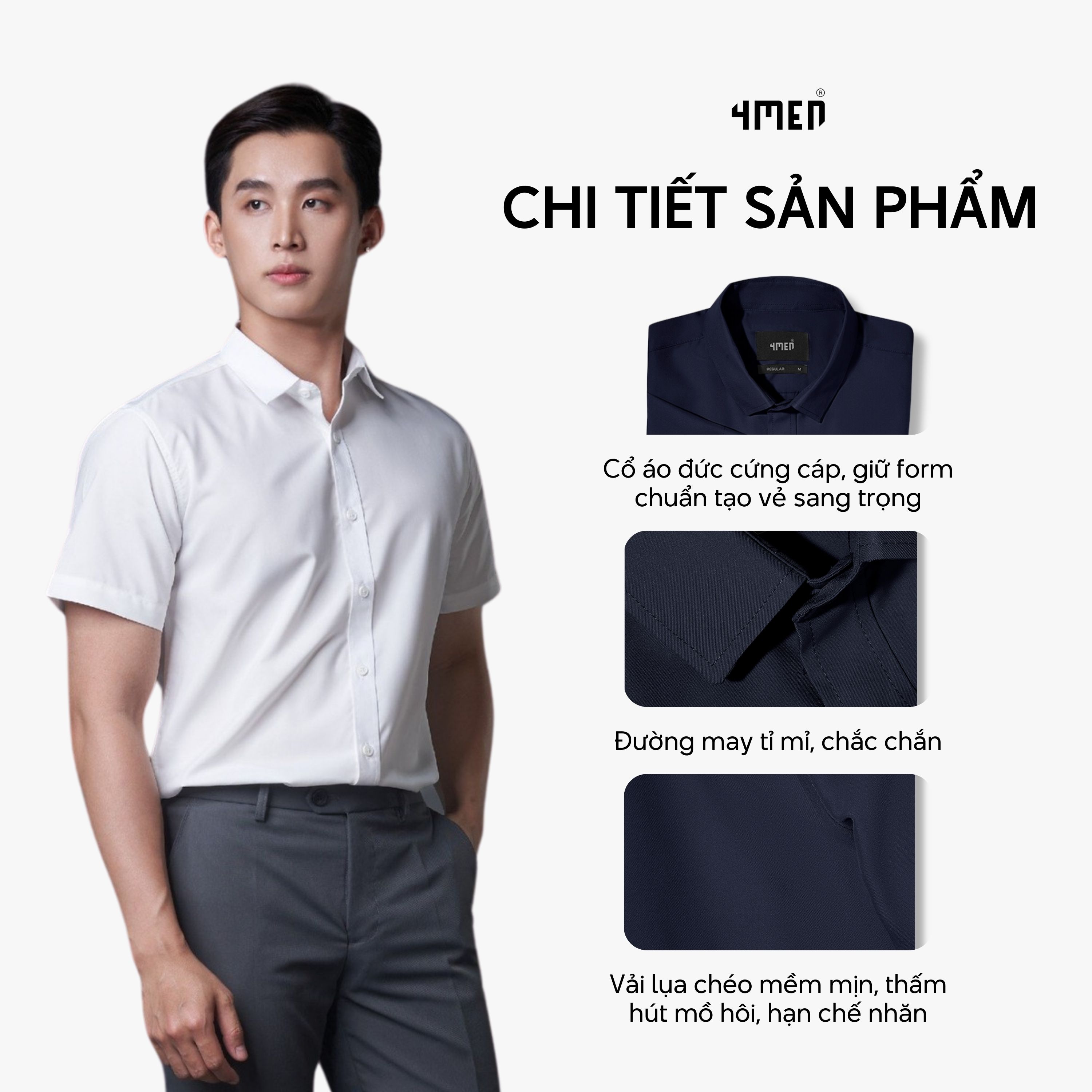 Mô tả Áo sơ mi nam tay ngắn trơn đẹp 4MEN SM087 vải lụa chéo mềm mịn, hạn chế nhăn, form regular rộng công sở trẻ trung giá rẻ - 2
