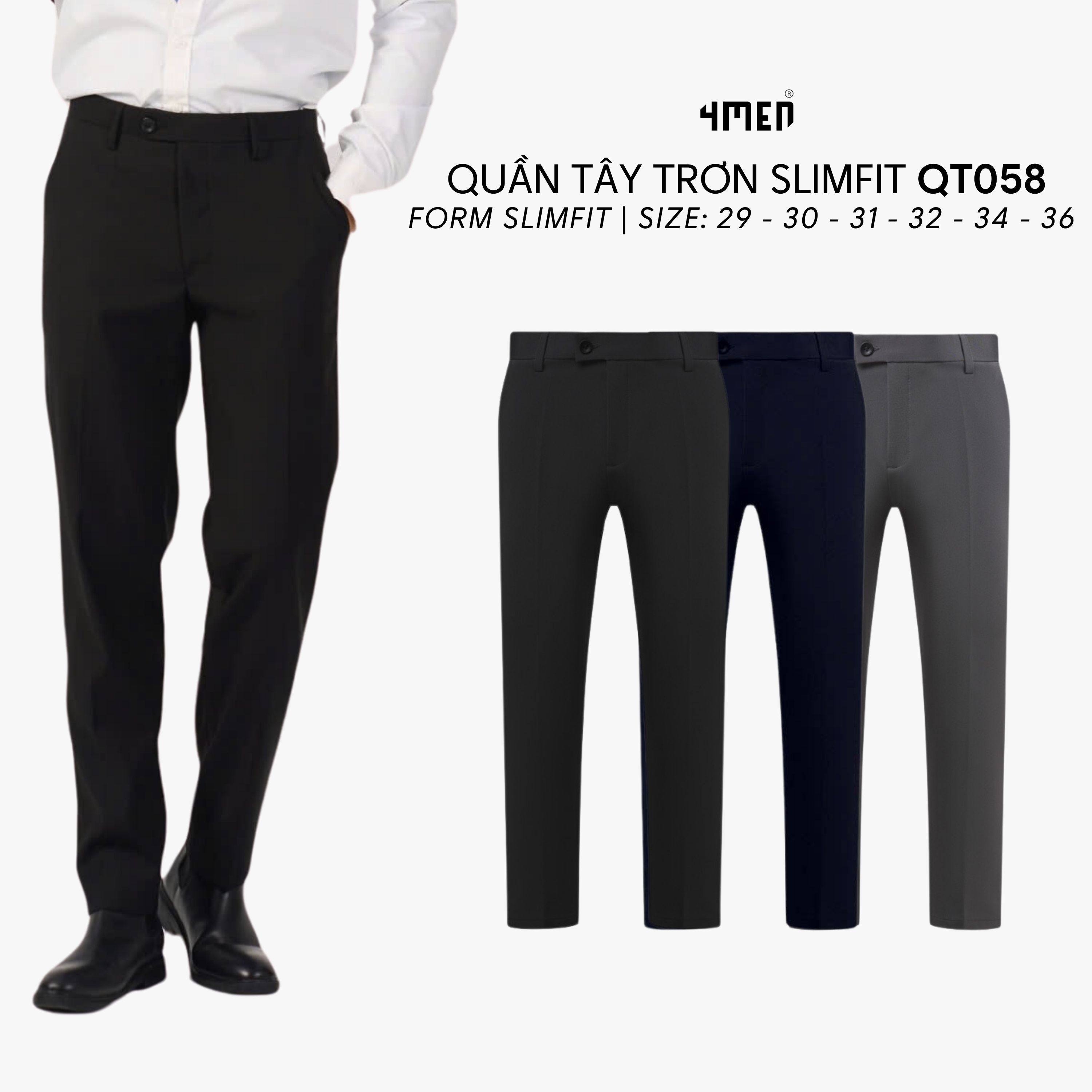 Mô tả Quần tây âu nam co giãn 4MEN QT058 form slimfit Hàn Quốc ống ôm đẹp, vải cao cấp không nhăn, 3 màu đen, xám, xanh đen - 1
