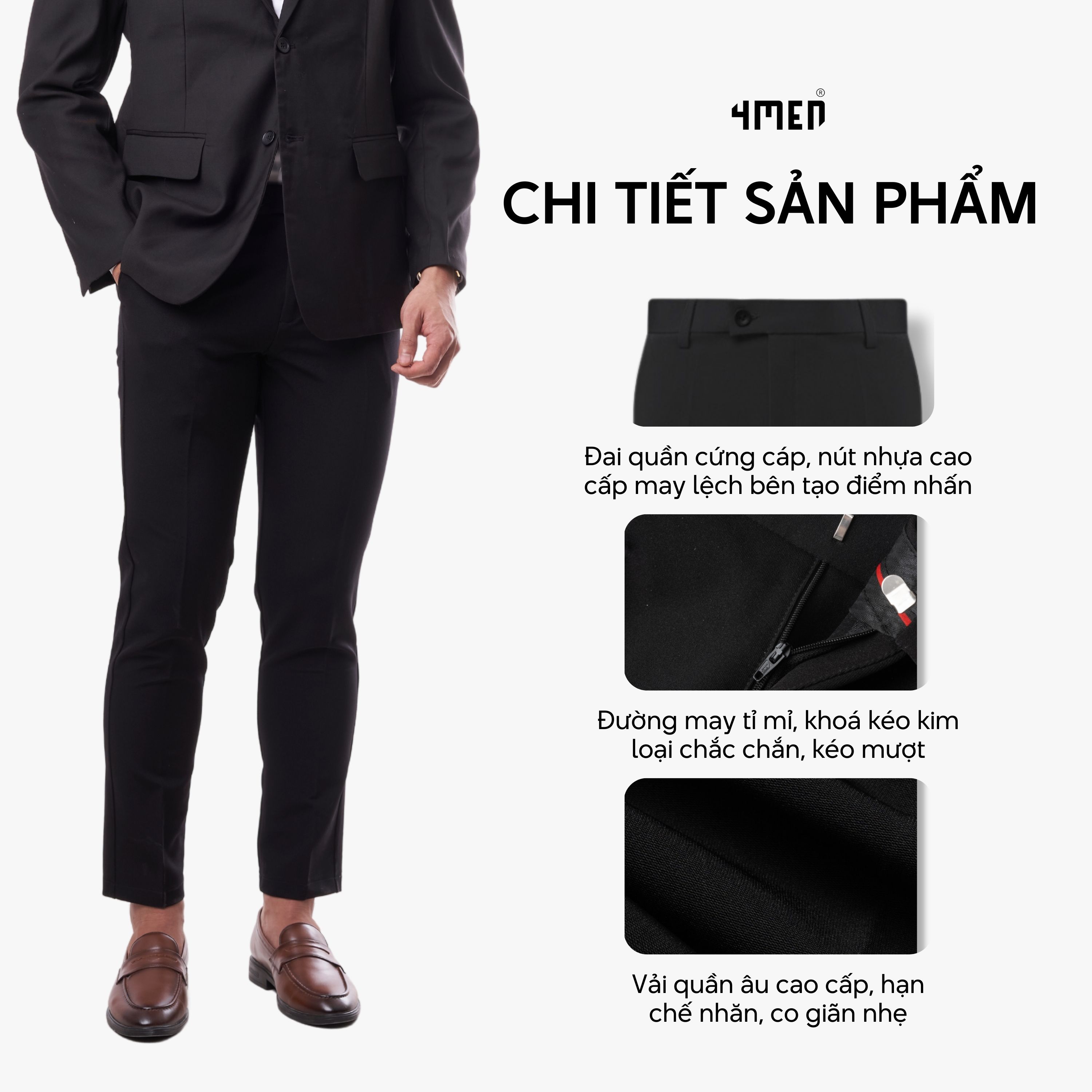 Mô tả Quần tây âu nam co giãn 4MEN QT058 form slimfit Hàn Quốc ống ôm đẹp, vải cao cấp không nhăn, 3 màu đen, xám, xanh đen - 2